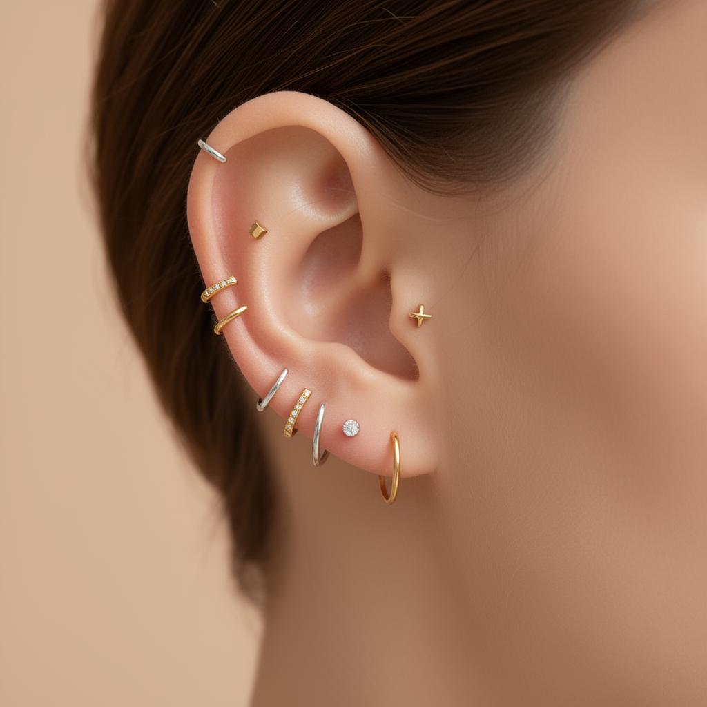 Close de orelha com piercings sofisticados